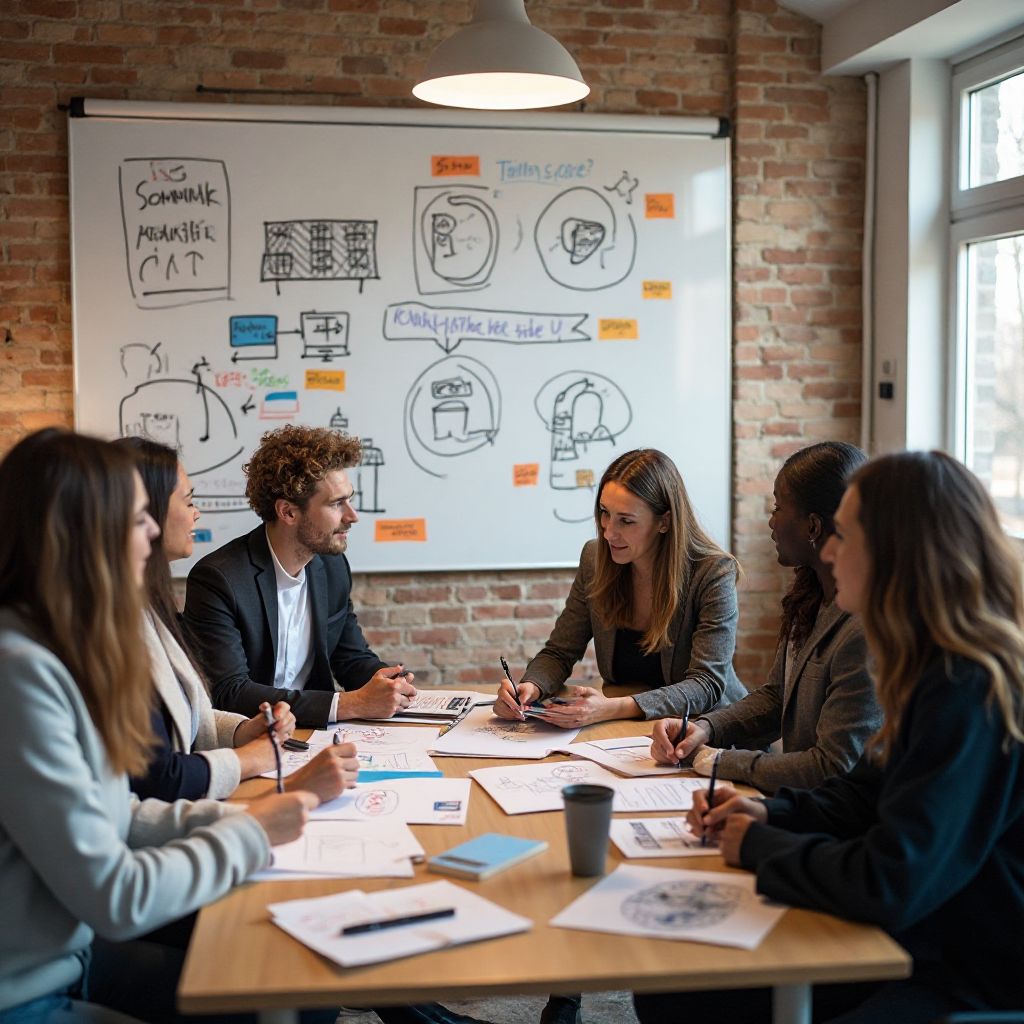 Team brainstorming session developing new escape room concepts