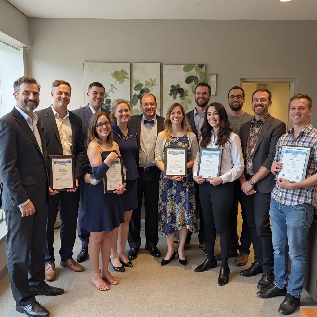 Team celebrating company milestone with award recognition ceremony