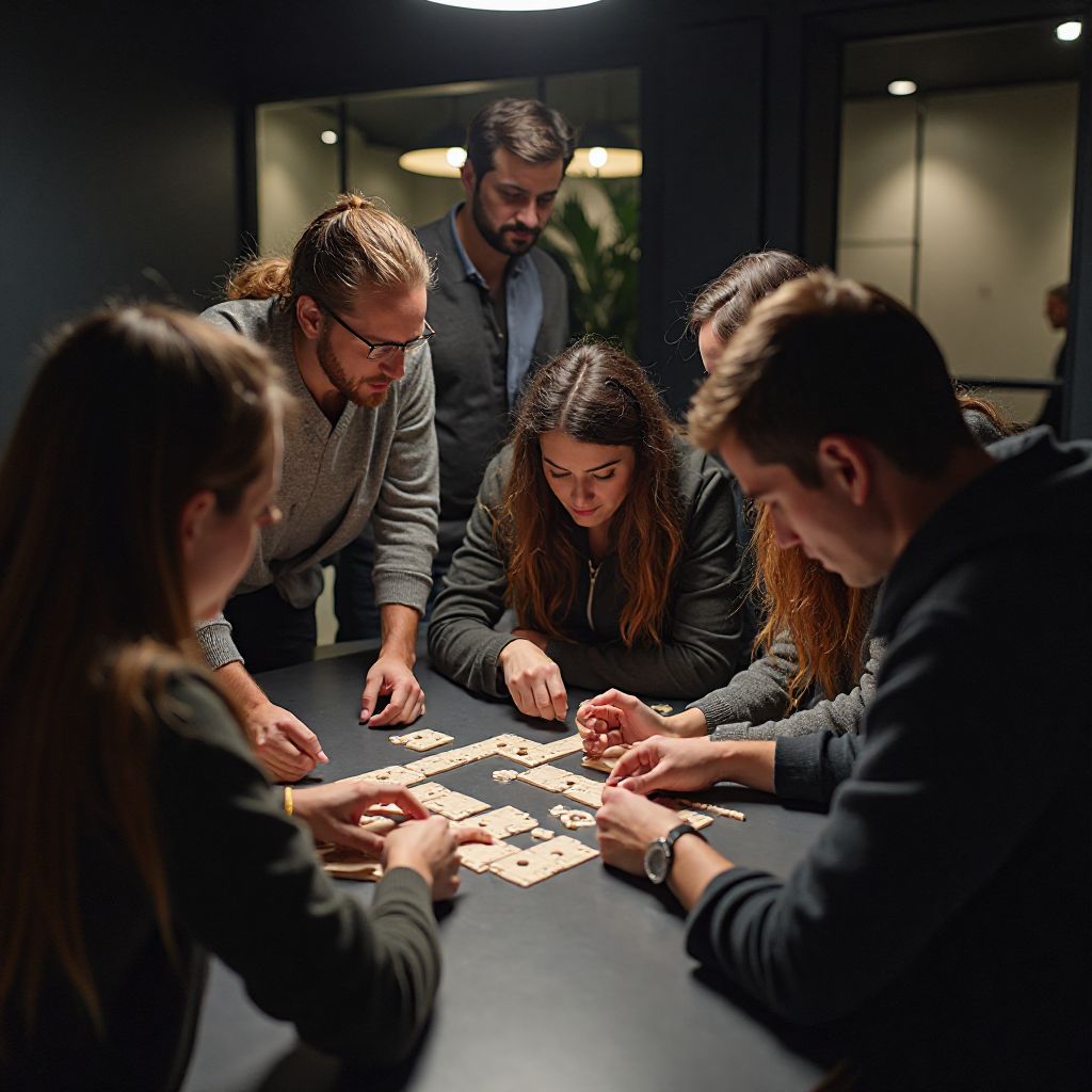 Team collaboratively solving puzzles in escape room